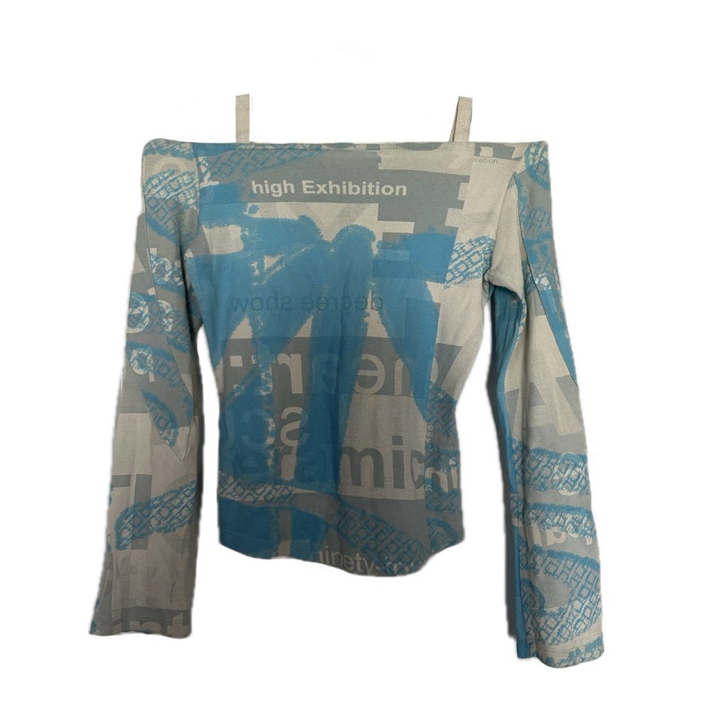 RARE Custo Barcelona Blue and Gray Graphic Off-Shoulder Long Sleeve Top